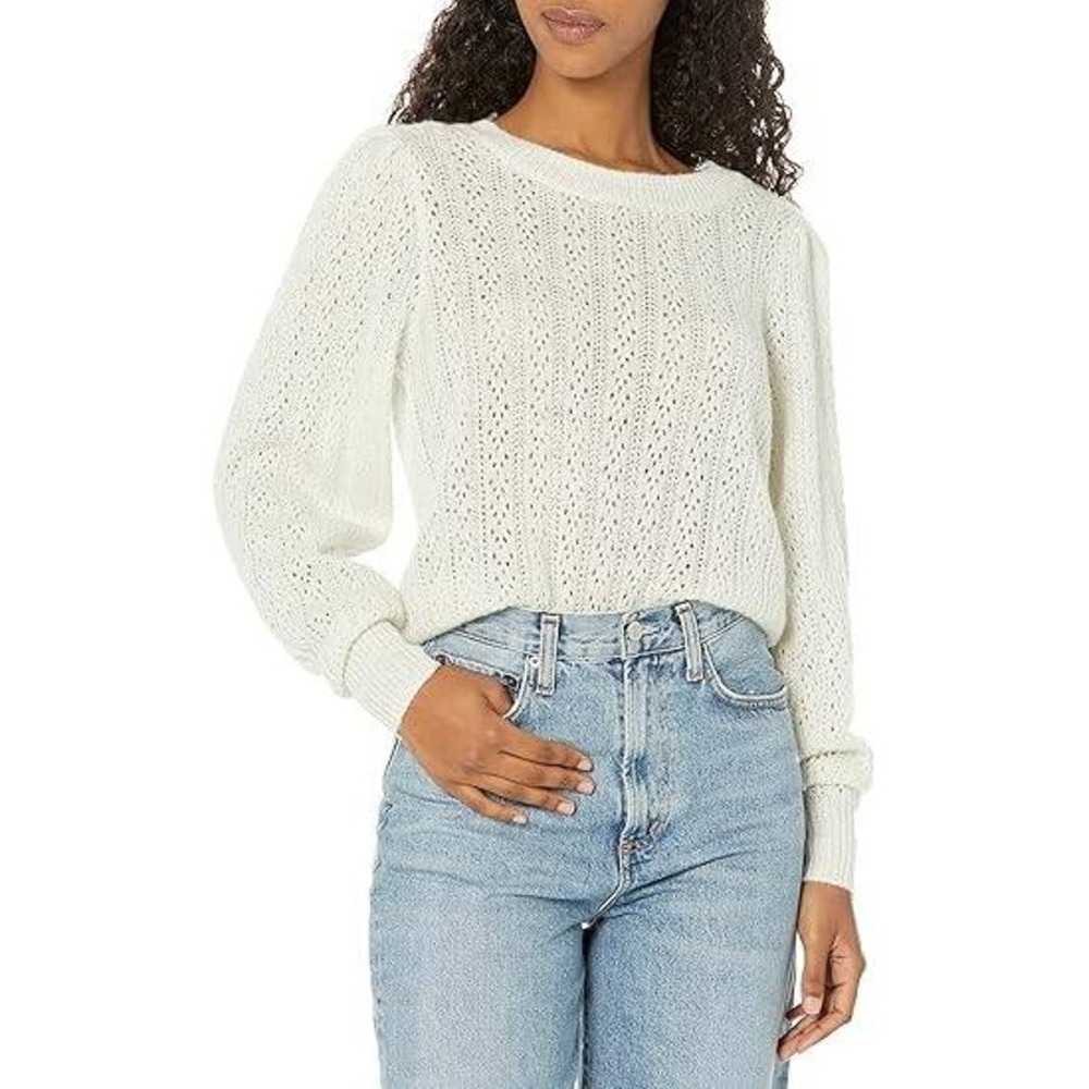PAIGE Athena Metallic Knit Sweater Womens XL White 42%‎ Wool Puff Sleeve NWT